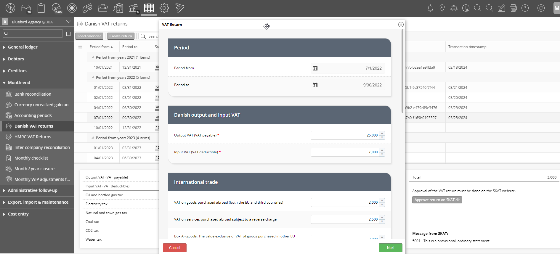 VAT Return form dialog