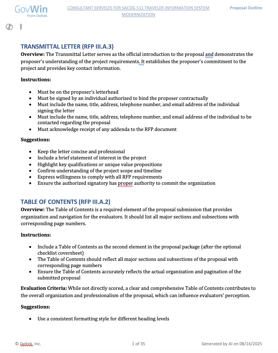 Bid Outline with Overview, Instructions, Evaluation Criteria and Suggestions Called Out