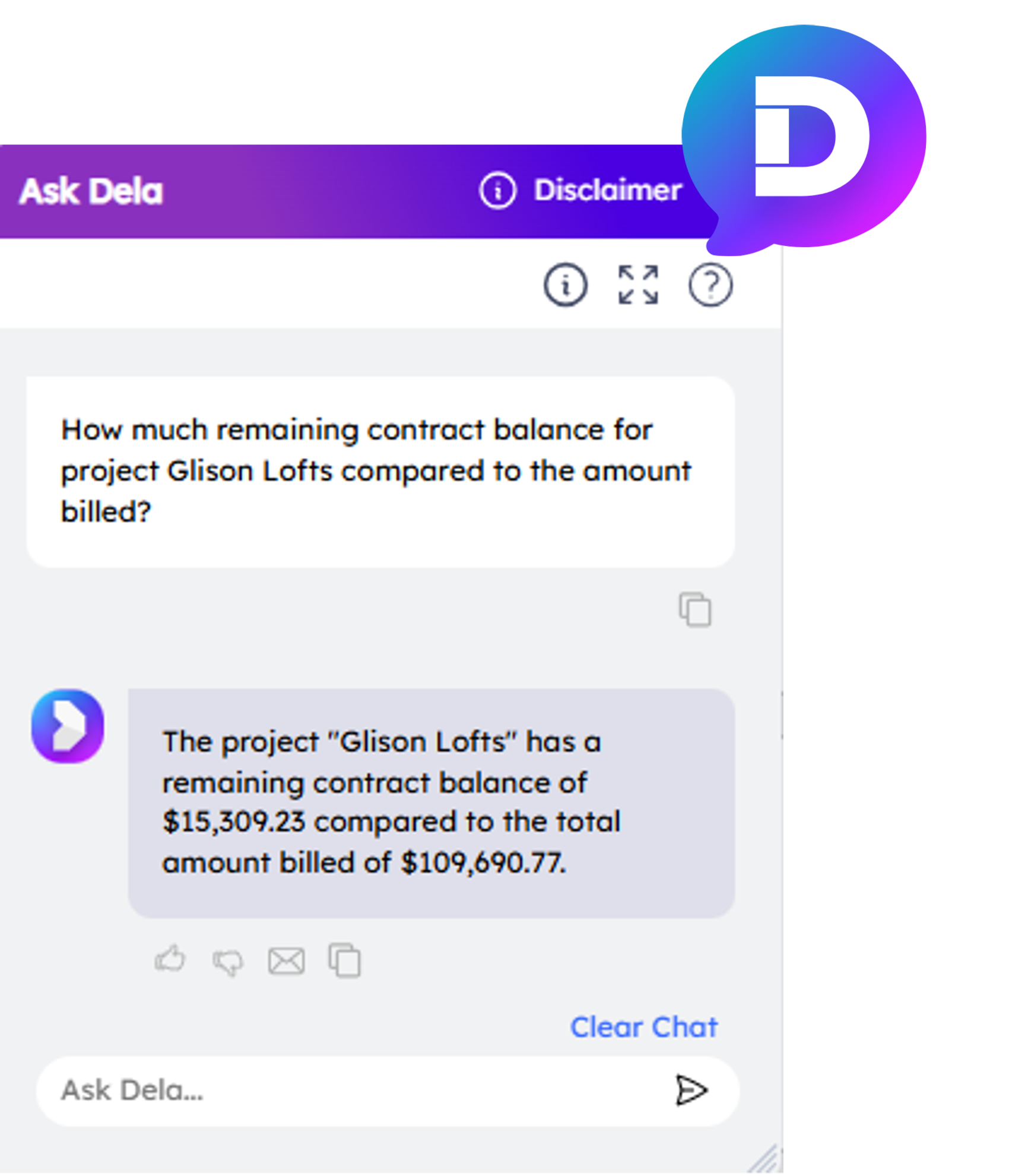 Find answers instantly with Ask Dela, Ajera’s AI-powered assistant that delivers project, client, and employee data in seconds.