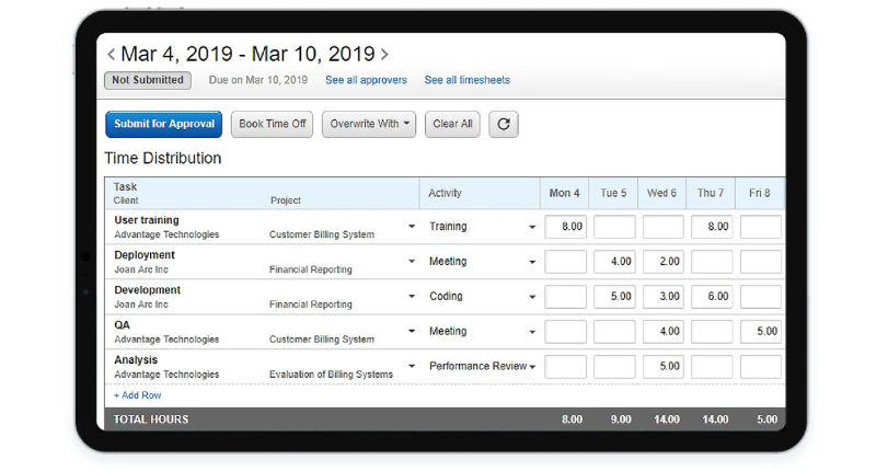 Replicon time billing software interface