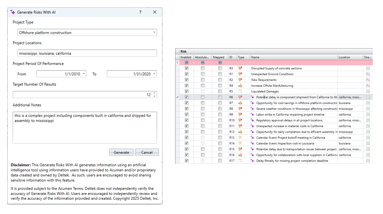 Acumen interface showing Dela AI-generated project risks added to a risk register based on type and location