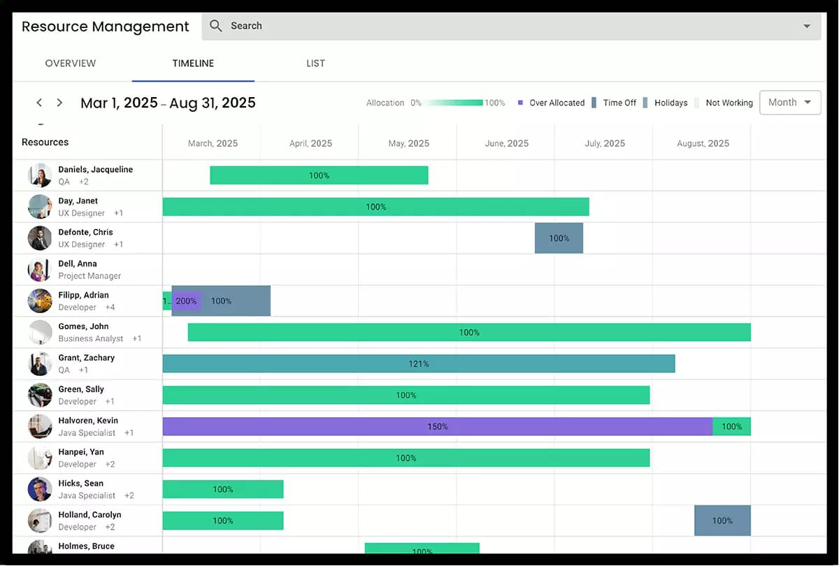 Resource management dashboard showing team utilization
