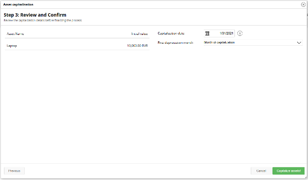 Get a full audit trail of capitalization, monthly depreciation, and book value over time