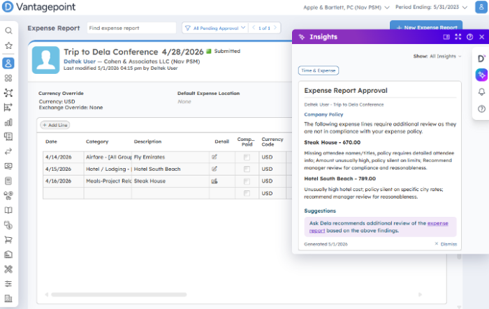 Dela Expense Approval Insights flags policy issues before approvers review, turning a manual checklist into an AI-assisted workflow.