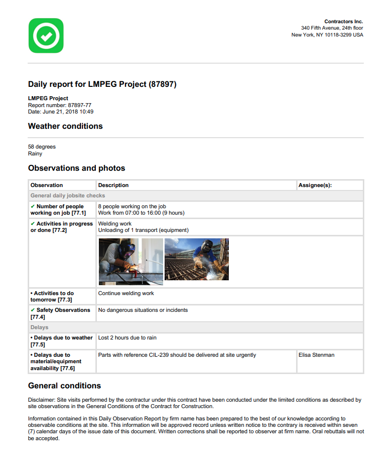 Daily Construction Report Example