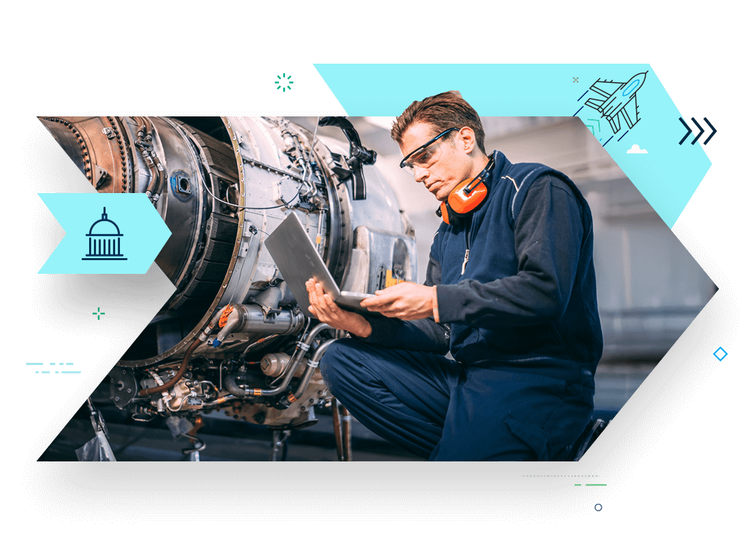 Engineer inspecting aircraft engine using Deltek aerospace and defense software on a laptop