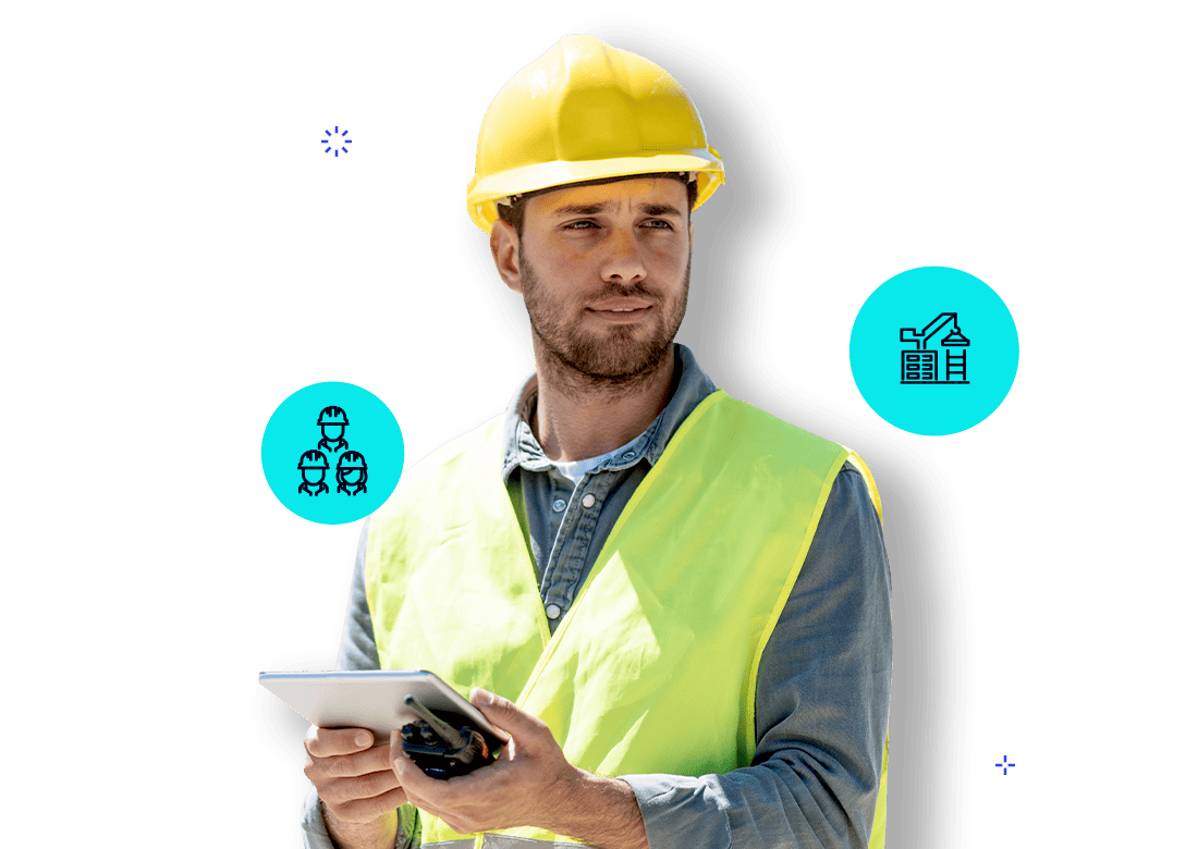 Construction worker using a tablet on-site, supported by Deltek Construction Software.