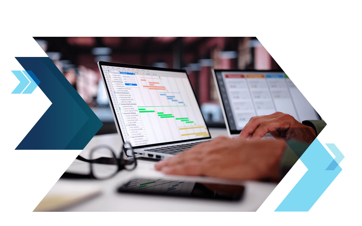 Laptop screen showing a Gantt chart for project scheduling and workflow planning.