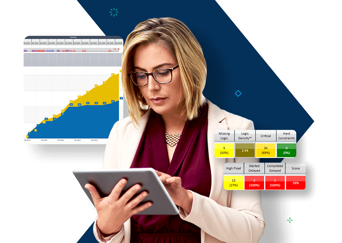 Business Professional reviewing project metrics on a tablet using Deltek Acumen risk management software.