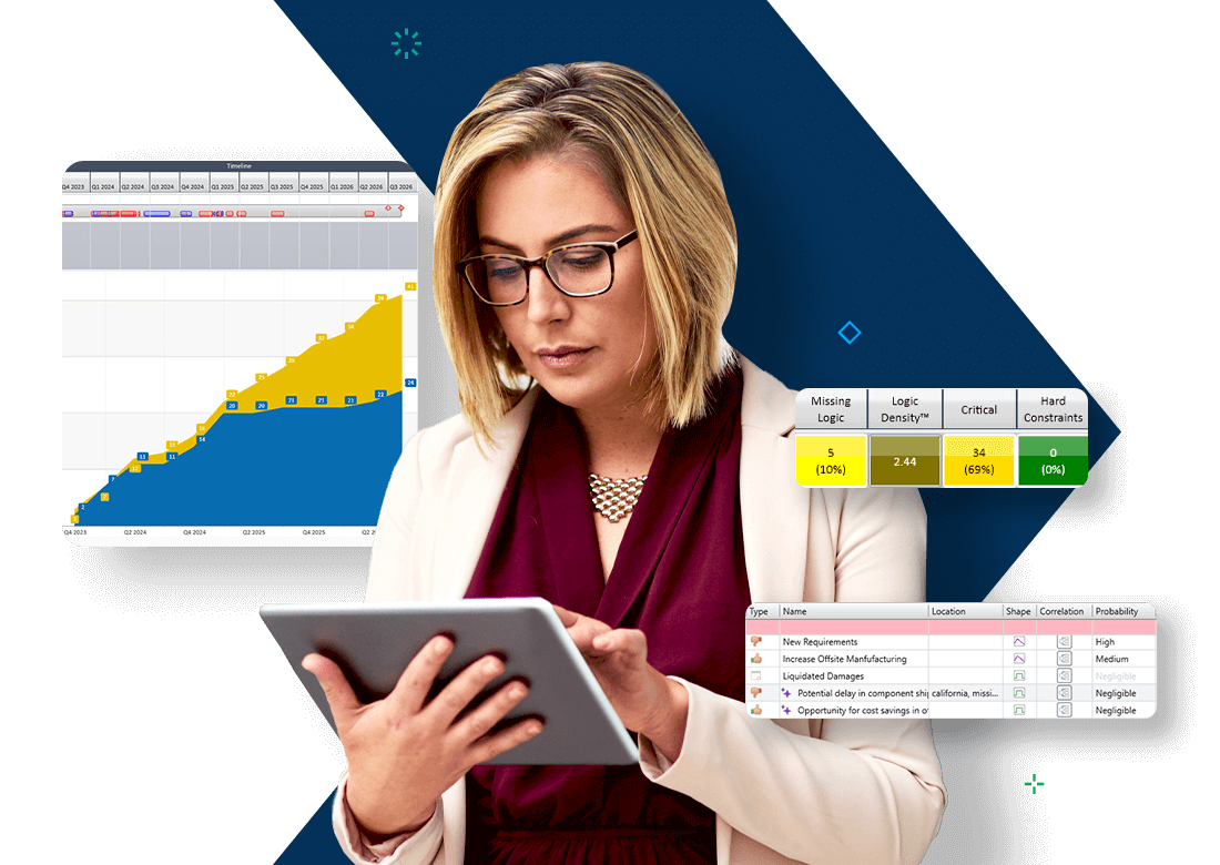 Business Professional reviewing project metrics on a tablet using Deltek Acumen risk management software.