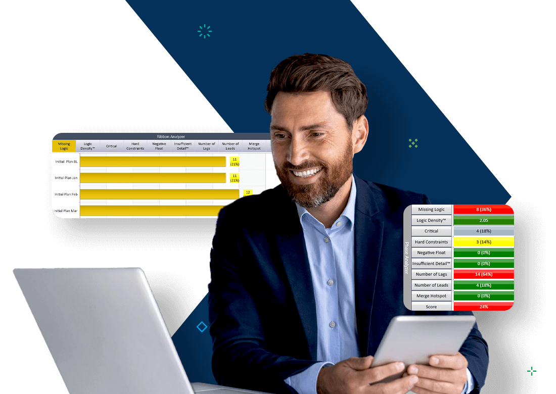 Professional reviewing schedule diagnostics on laptop and tablet using Deltek Acumen Fuse software.