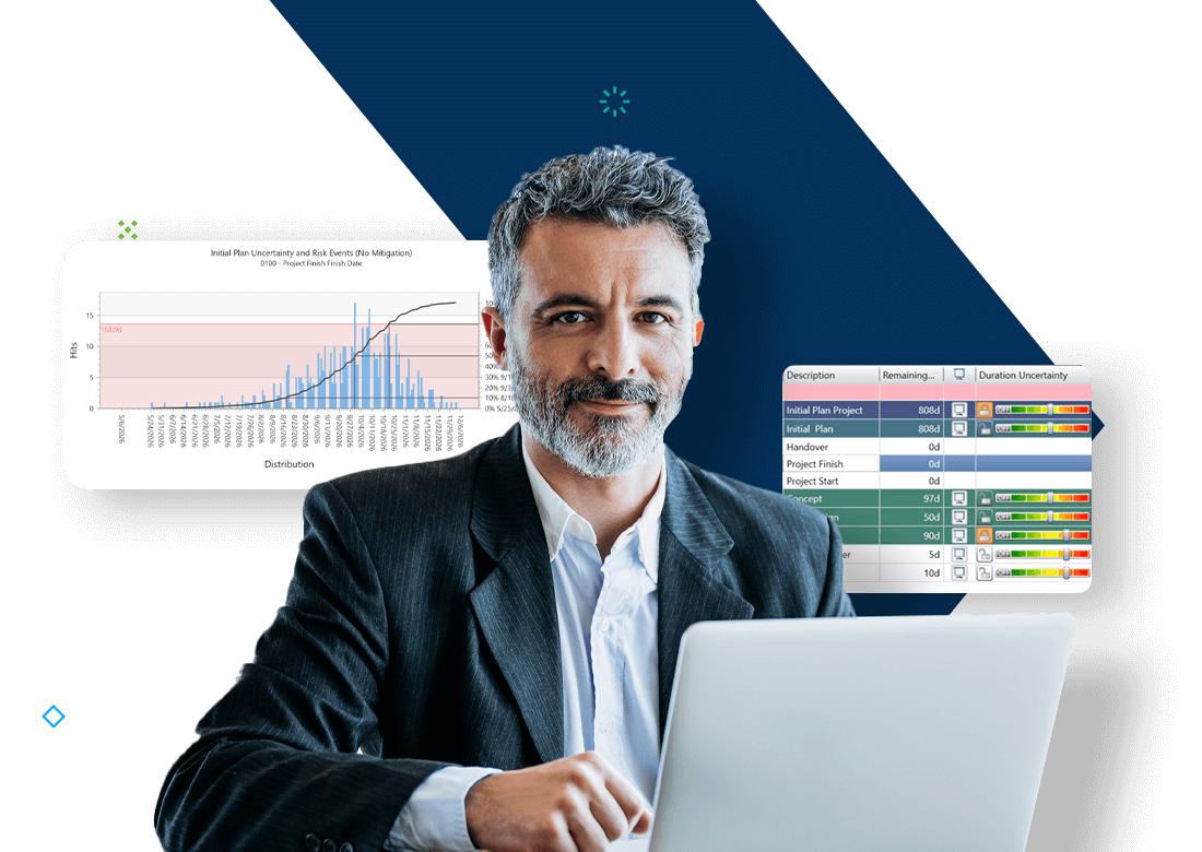 Business professional analyzing risk data on a laptop using Deltek Acumen Risk and 360 project risk management software.