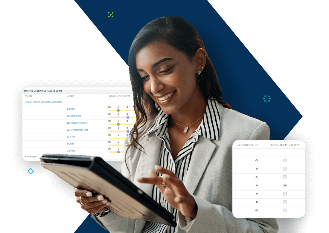 Professional using tablet to review automated project schedule metrics using Deltek Acumen Touchstone.