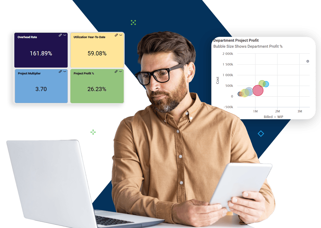 Man analyzing overhead rates, utilization, and cash flow data using Deltek Ajera Accounting Software.