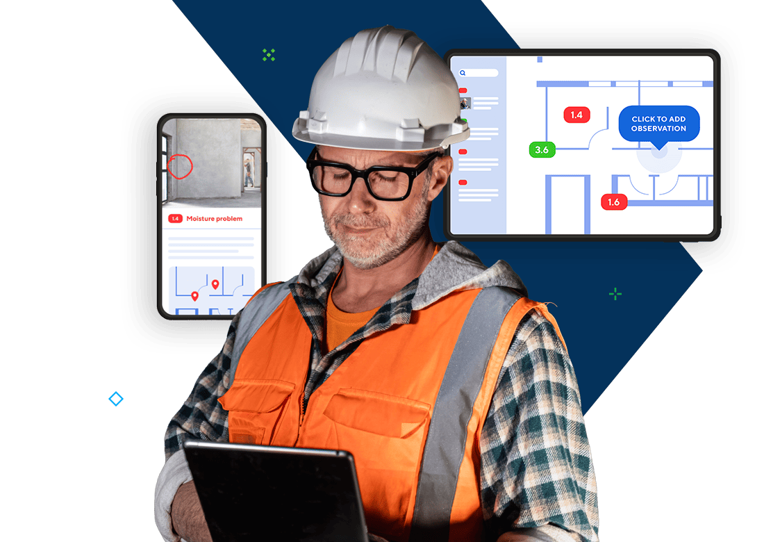Architect using Deltek ArchiSnapper field report software on mobile and tablet device.