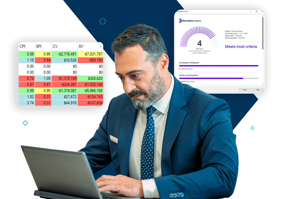 Project manager analyzing earned value data and cost performance using Deltek Cobra Earned Value Management Software.