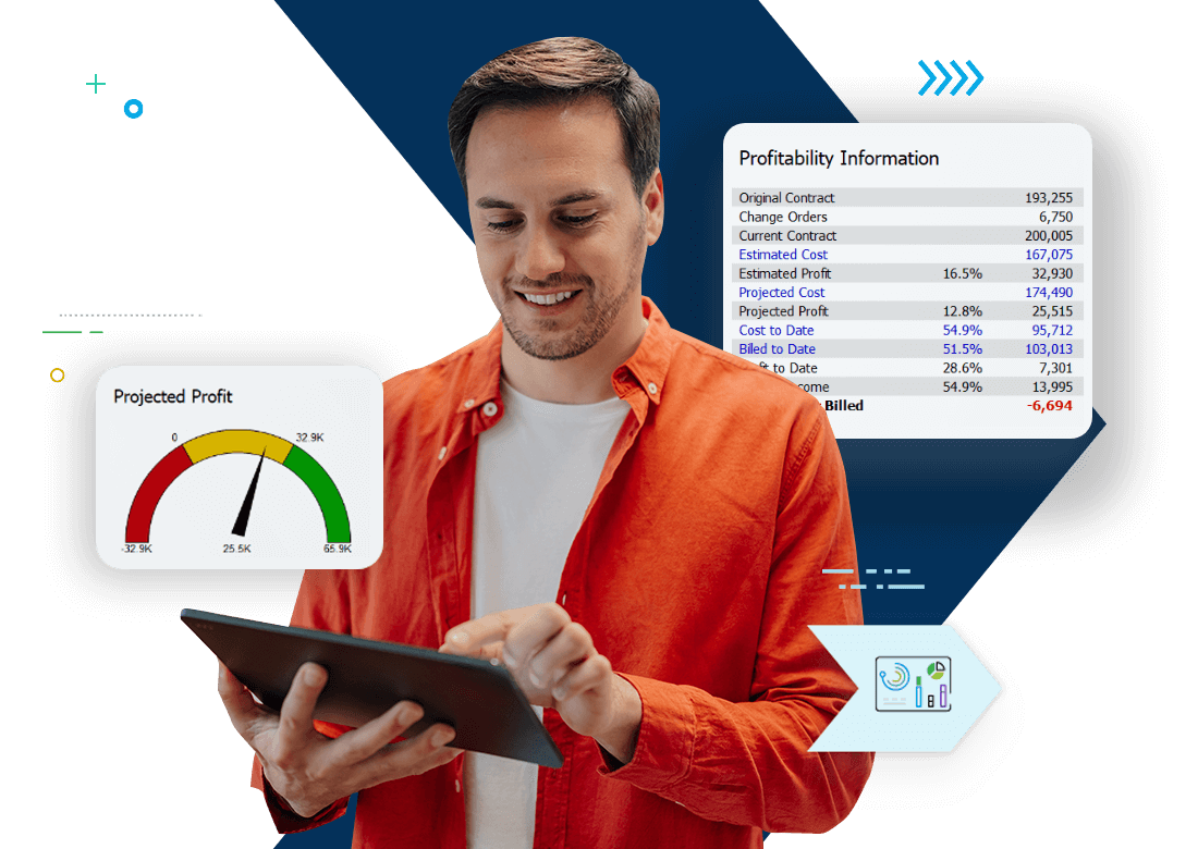 Contractor using tablet with Deltek ComputerEase construction accounting software dashboard showing profitability and projected profit insights.