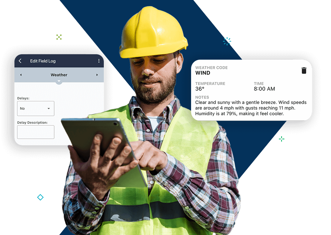 Construction worker using a tablet to view field log details and real-time weather updates in Deltek