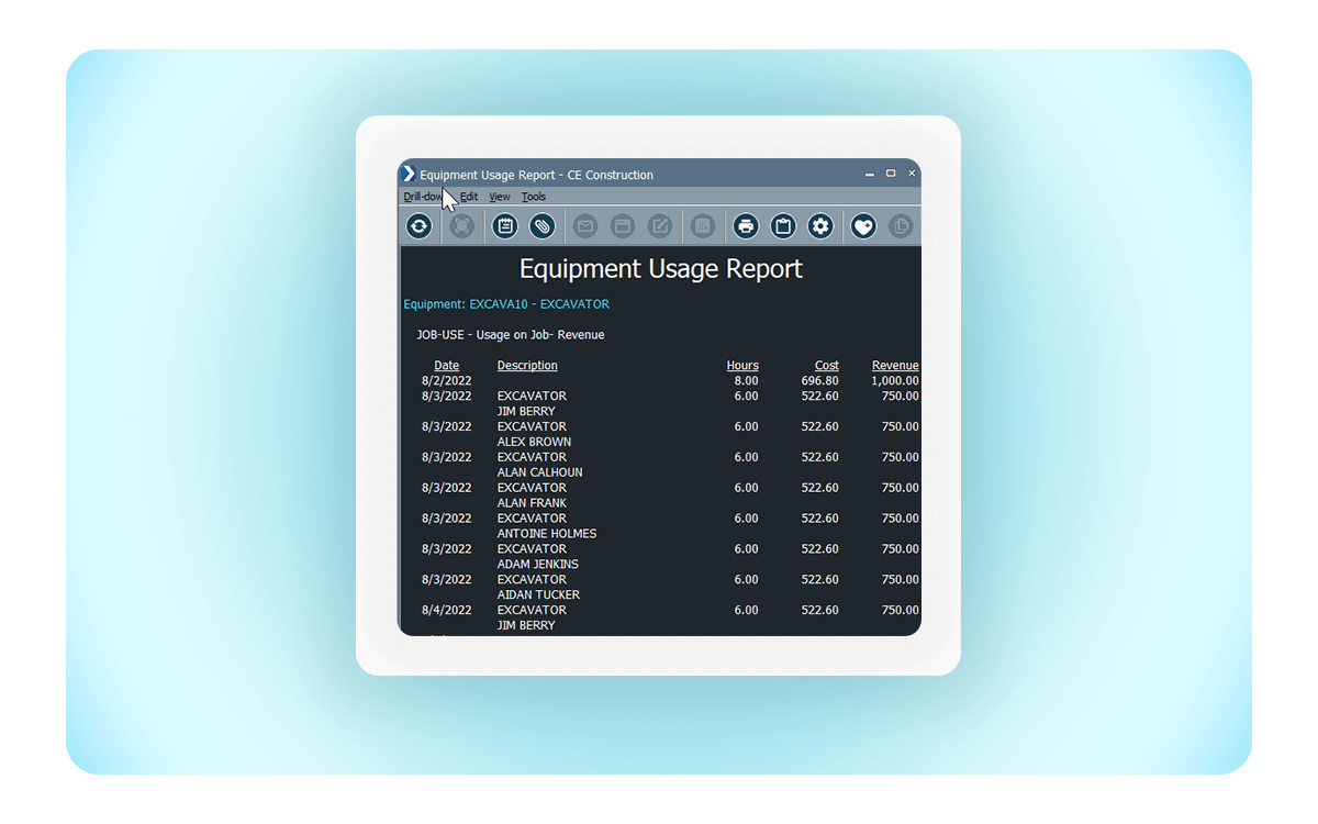Screenshot of ComputerEase equipment usgae report