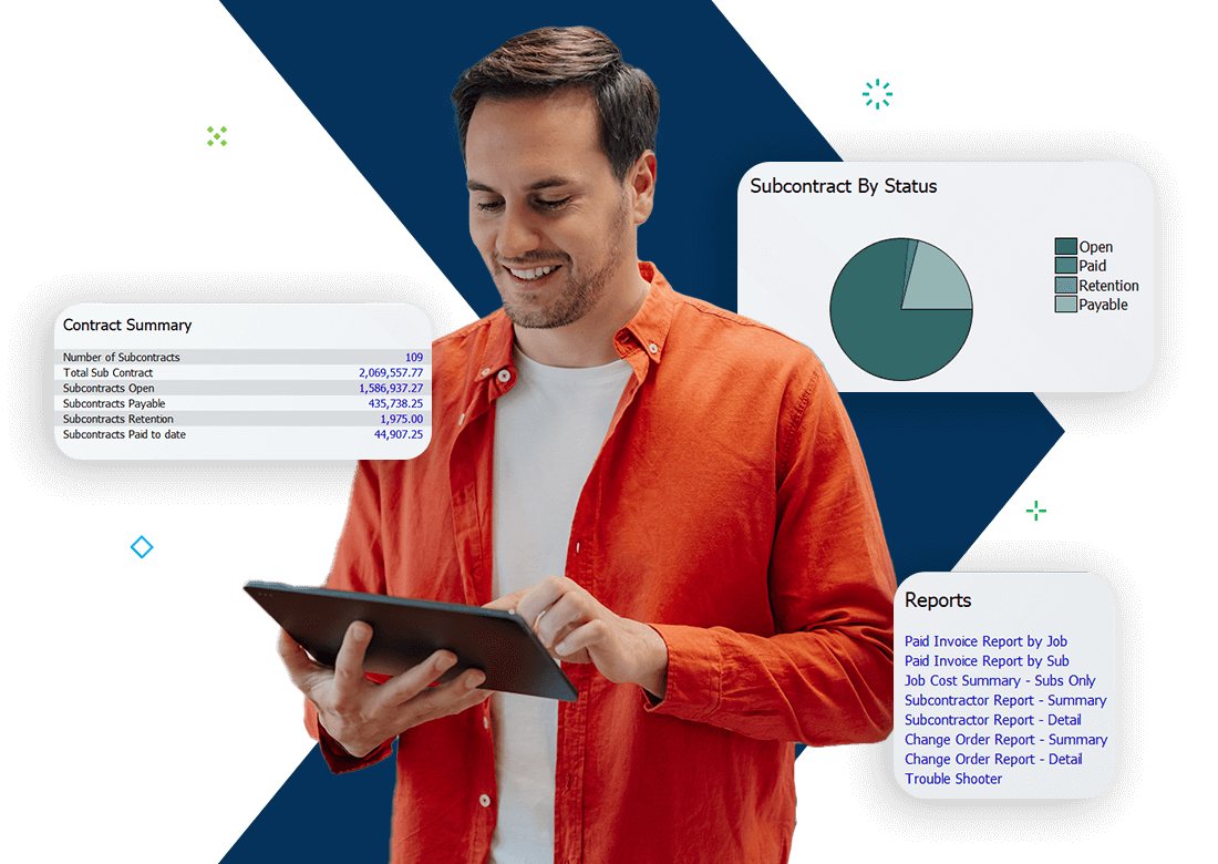Man using tablet to manage subcontracts and purchase orders with Deltek ComputerEase