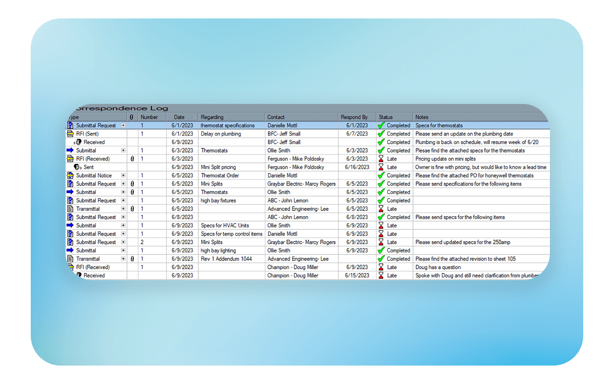 Screenshot of correspondece log within ComputerEase