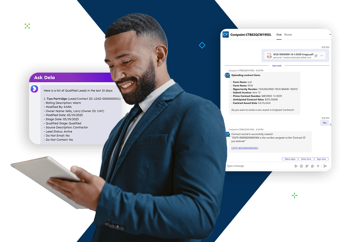 Professional reviewing contract data on a tablet, with Deltek Costpoint interface showcasing smart contract summaries, contract approvals, and lead tracking tools, highlighting contract management capabilities.