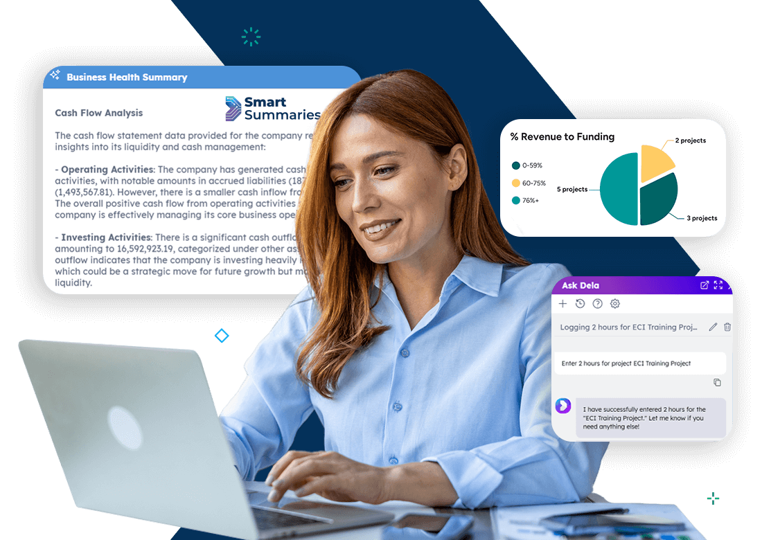 Professional using Deltek Costpoint ERP software with dashboards and contract summaries on screen, designed for government contractors