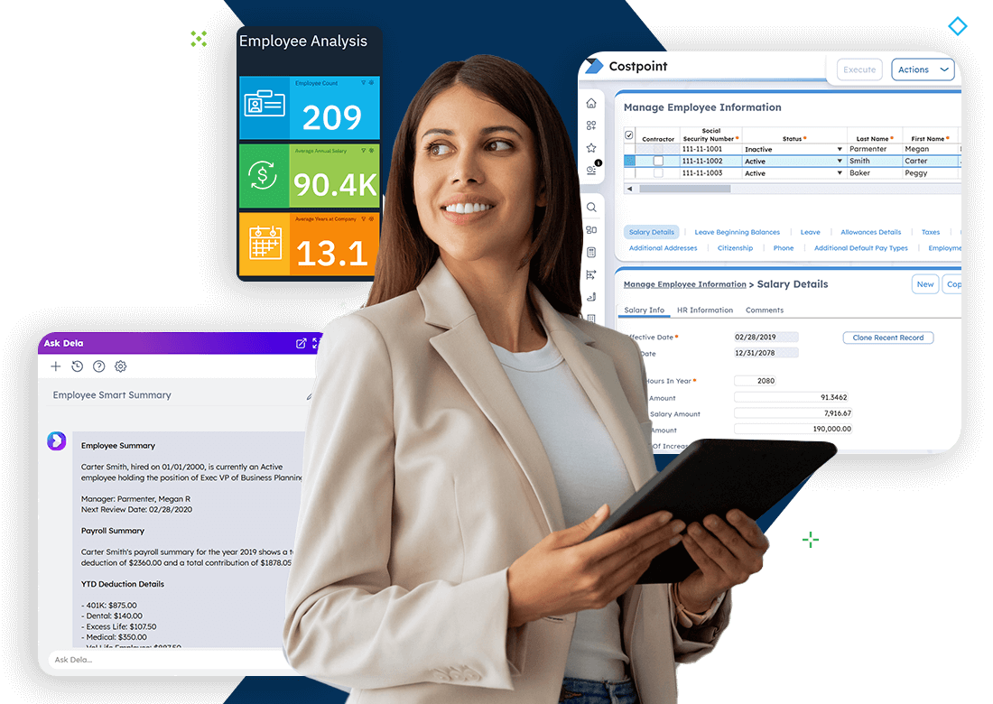 HR professional analyzing employee data and summaries using Deltek Costpoint HCM software tailored for government contractors