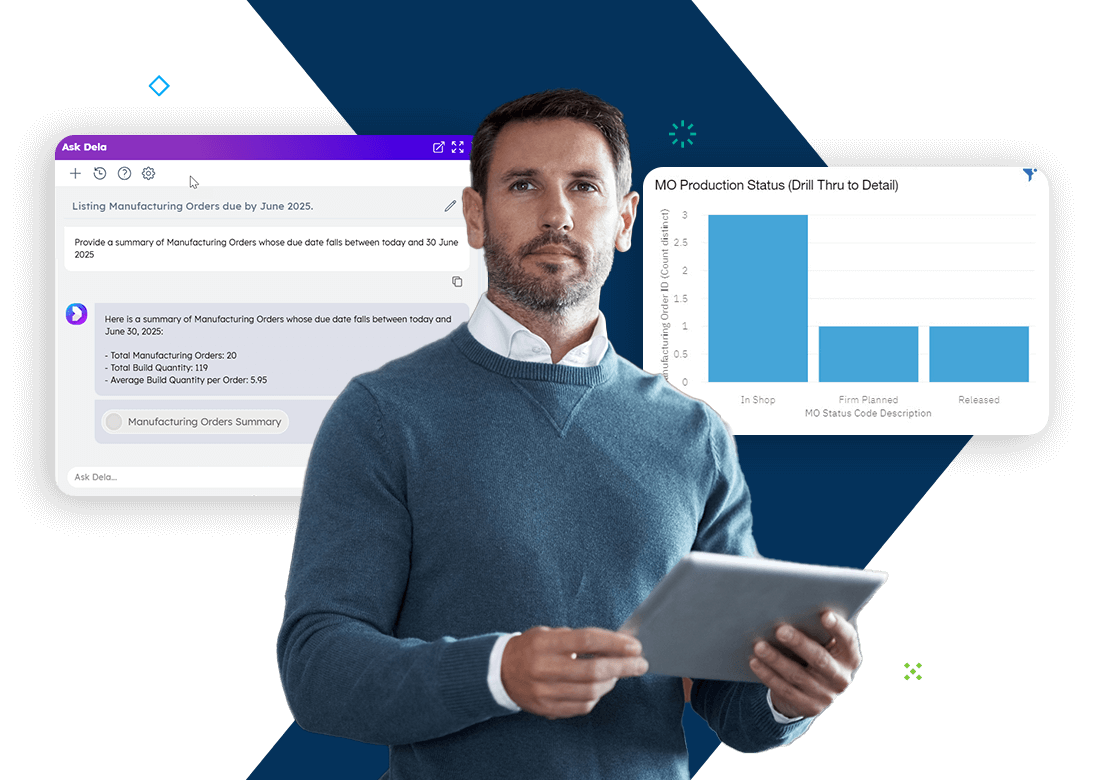Manufacturing manager using tablet with Deltek Costpoint ERP dashboards showing on-time release metrics and engineering change statuses.