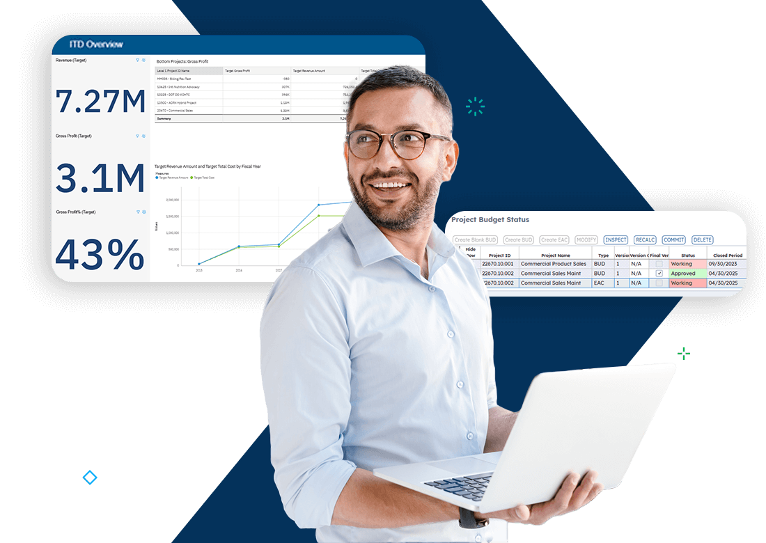 Professional reviewing project budgets and financial performance dashboards in Deltek Costpoint budgeting and forecasting module
