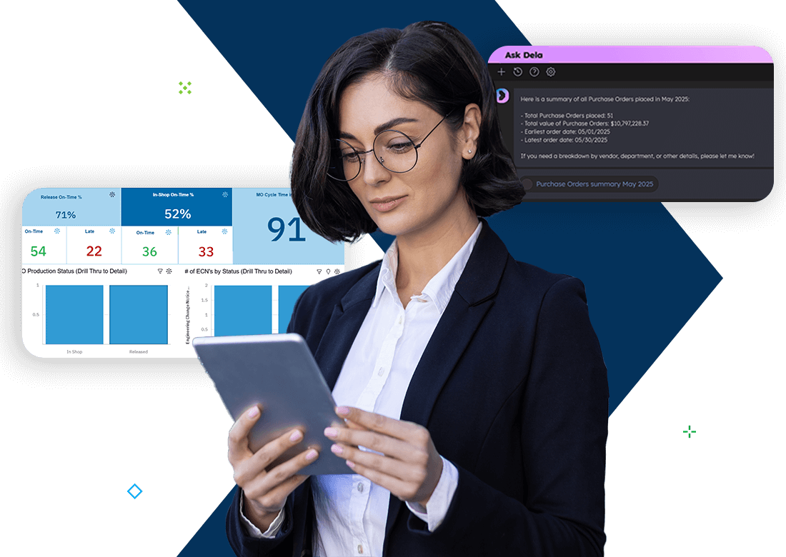 Businesswoman viewing procurement data, reflecting Deltek Costpoint’s Procurement Software for GovCon organizations.