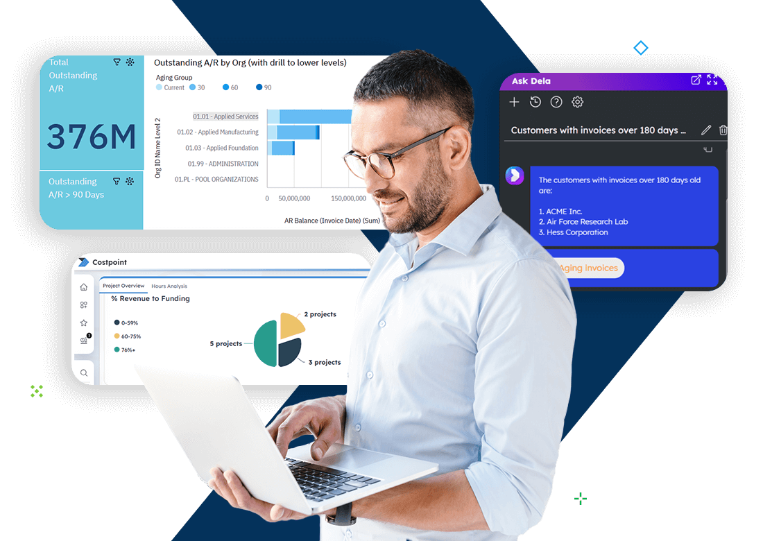 Man reviewing project accounting software dashboards with data on A/R aging, funding allocation, and customer invoice statuses for GovCon.
