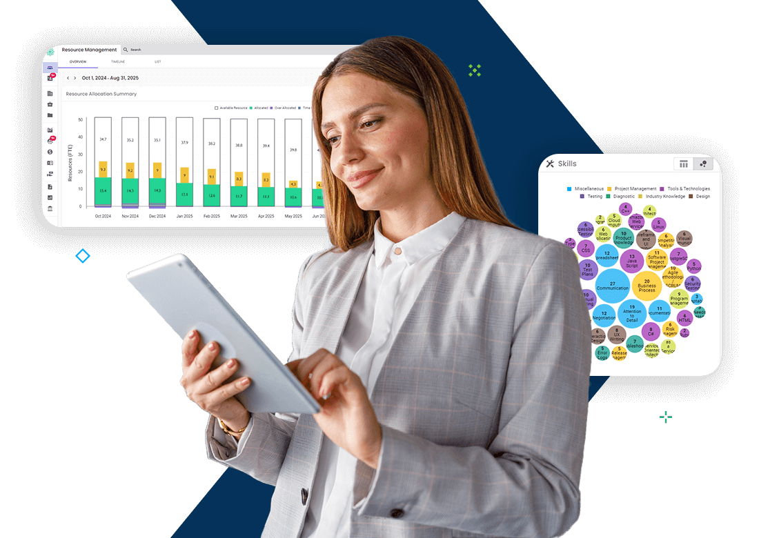 Professional woman using resource management software with skills dashboard and allocation chart designed for GovCon workforce optimization.