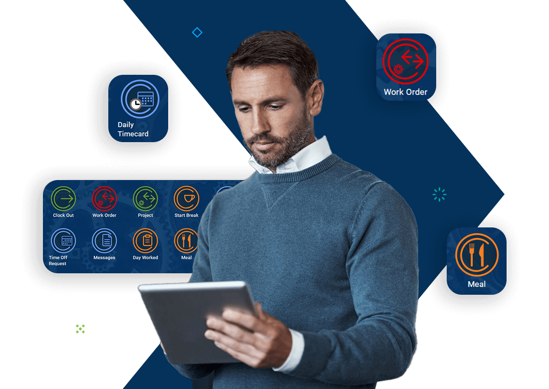 Man using tablet with digital timecard, showing Deltek Costpoint’s Labor Tracking Software for government contractors.