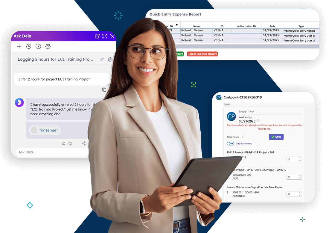 Woman reviewing labor hours, expense reports, and timesheet data on tablet, showcasing Deltek Costpoint time and expense software.