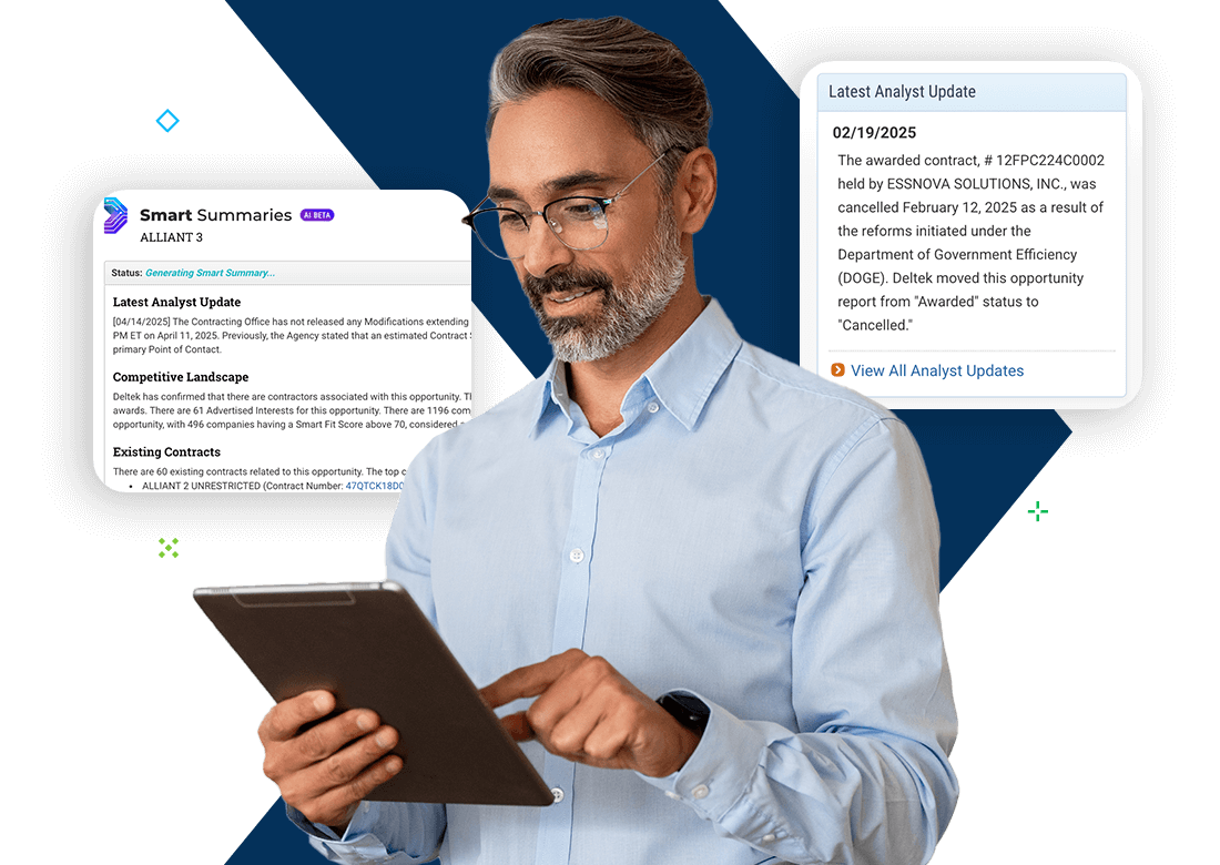 Business professional using a tablet, with AI-powered document chat and top federal buyer insights displayed, representing how Deltek GovWin IQ helps contractors win federal contracts.
