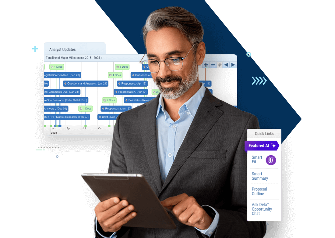 Professional using tablet with data insights, representing how Deltek GovWin IQ helps find and win government contracts.