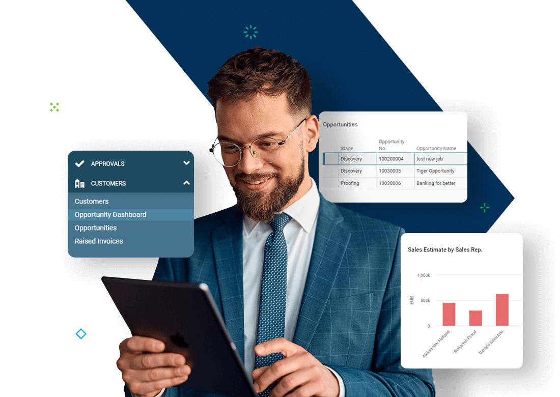 Business professional using Deltek Maconomy enterprise CRM software with customer dashboards and sales insights.