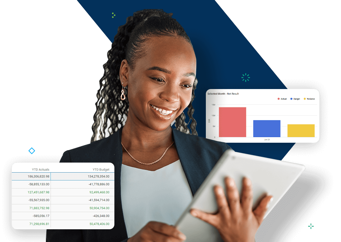 Business professional using Deltek Maconomy Financial Budgeting software with dashboards and YTD actuals vs budget.