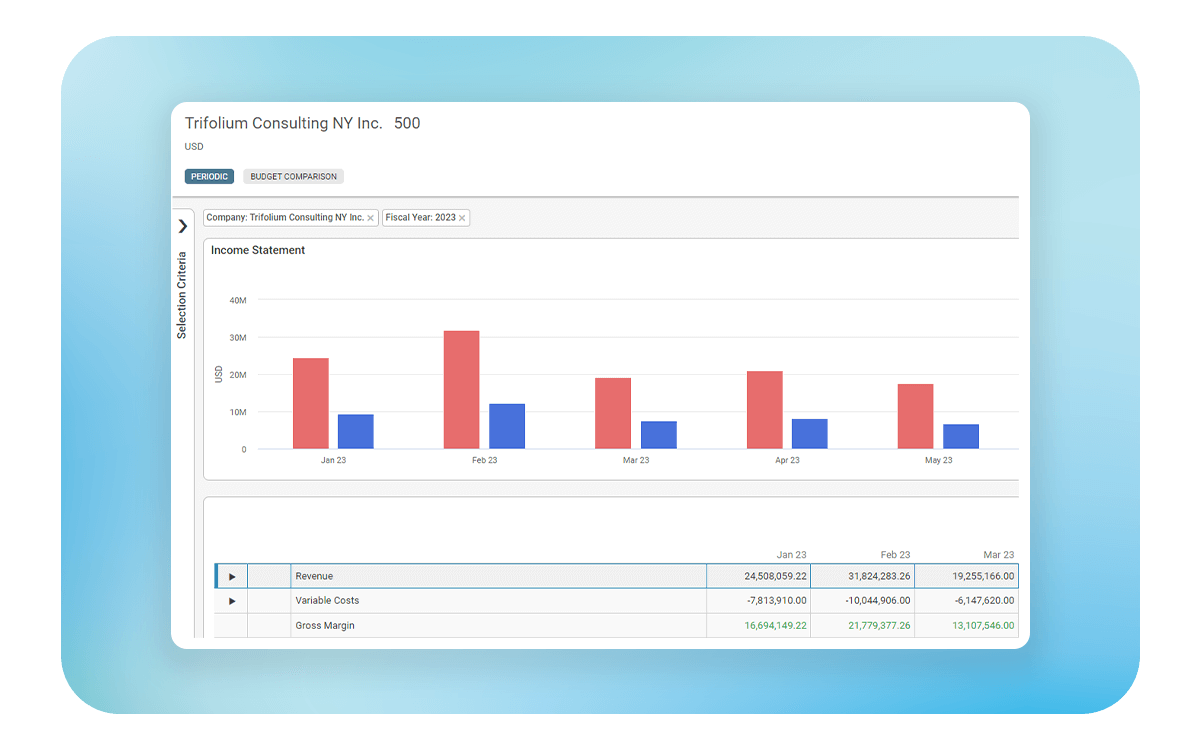 Income statement view in Deltek Maconomy for monitoring revenue, variable costs, and profit margins.