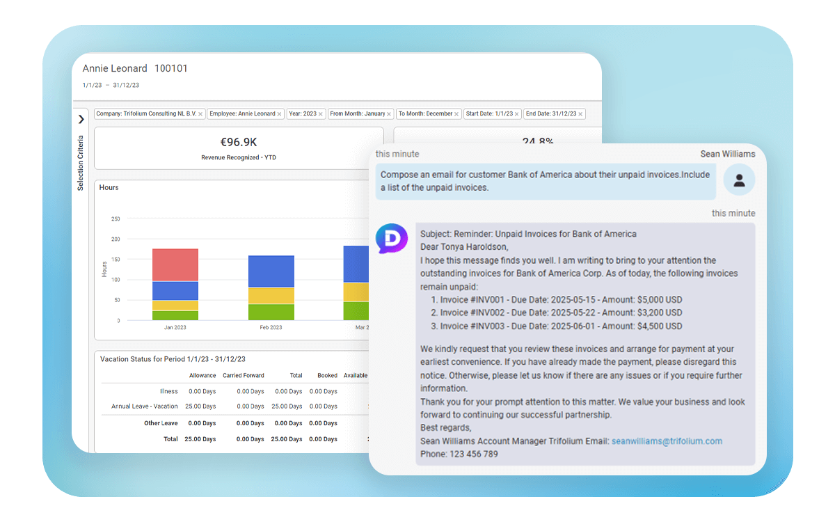 Deltek Maconomy interface for tracking revenue, managing global compliance, and automating invoice communications.