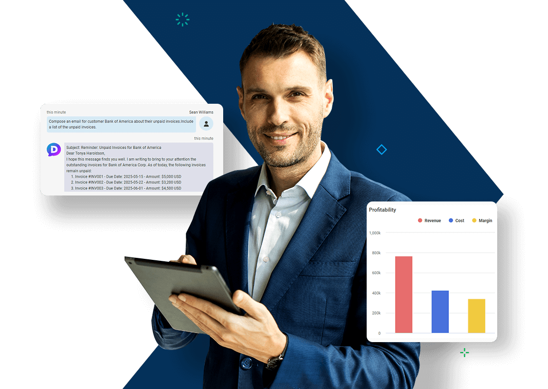 Executive reviewing profitability analytics and automated invoice reminders powered by Deltek Maconomy enterprise SEO software