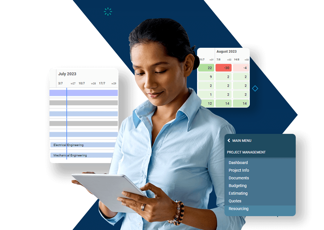 Business professional using Deltek Maconomy People Planner for resource management and project scheduling.