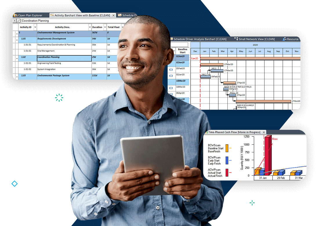 Project planner reviewing schedule data using Deltek Open Plan Enterprise Project Scheduling Software.