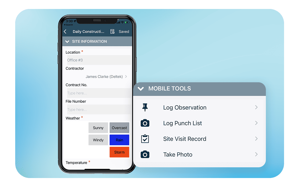 Mobile form interface showing site information fields and tools to log observations, punch lists, and site visits