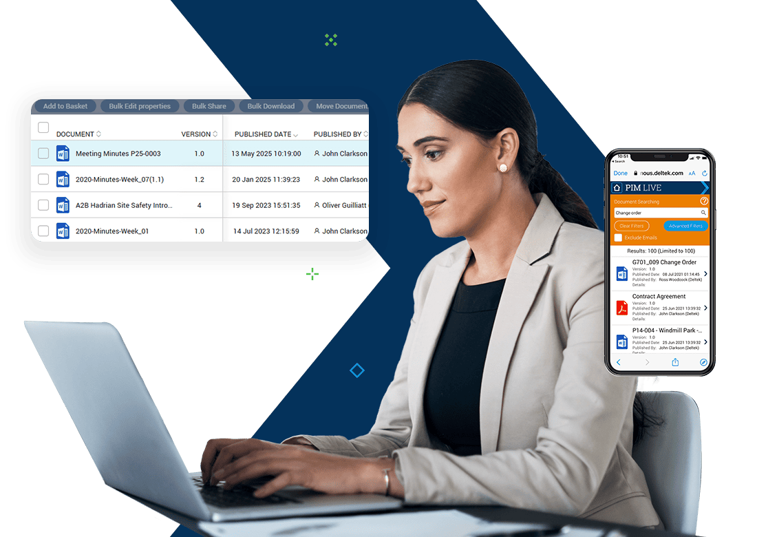 Project manager reviewing contracts and project files with Deltek project information management software.