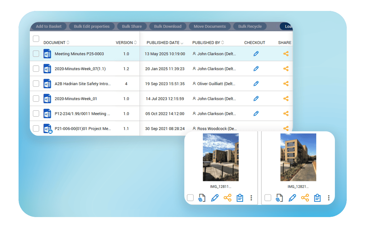 Email with supplier attachments and mobile view of Deltek PIM showing project documents.