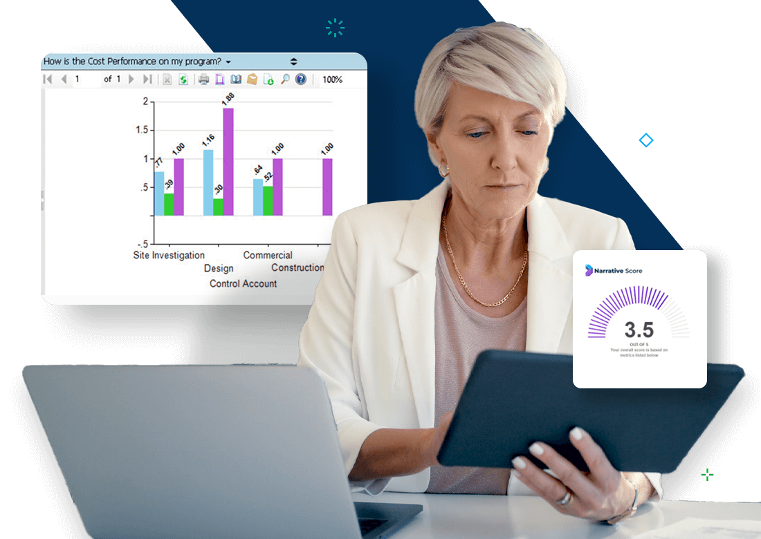 Project manager using Deltek PM Compass Integrated Project Management Software to analyze cost performance, track metrics and manage workflows.