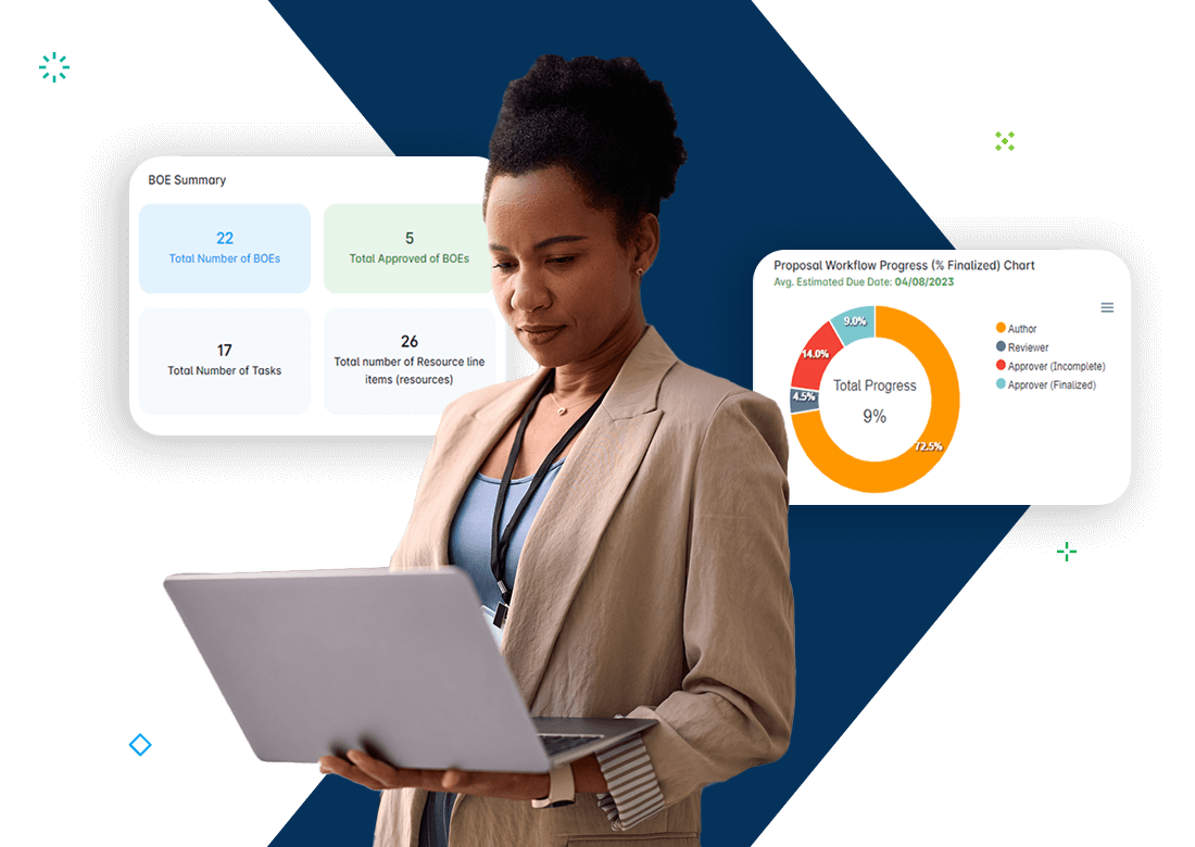 Professional reviewing basis of estimate data and project cost breakdowns on a laptop using Deltek Propricer software interface.