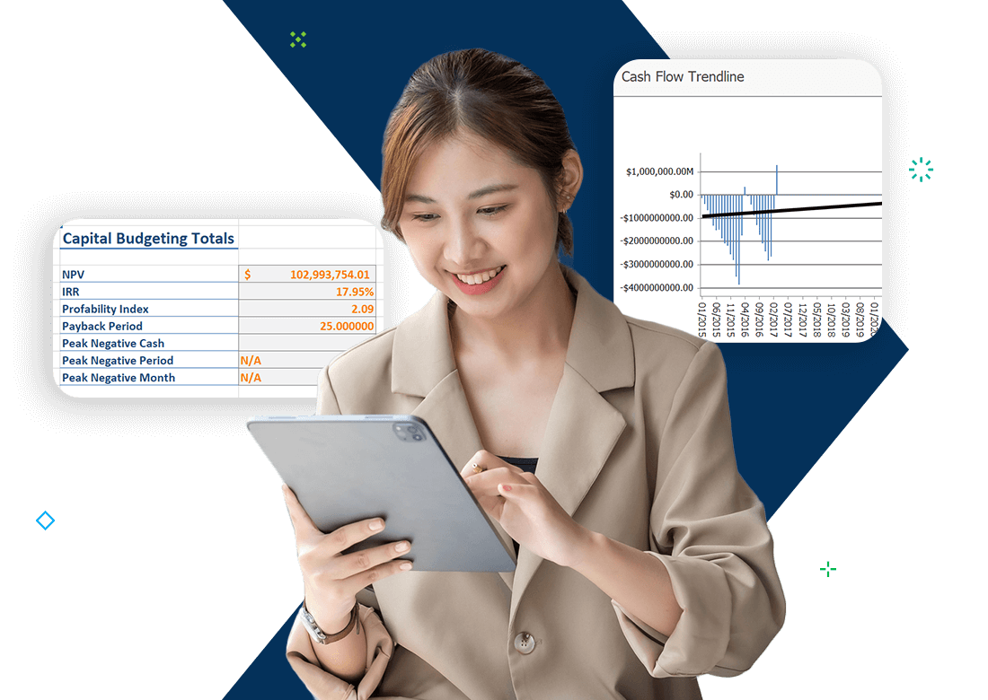 Professional reviewing financial dashboards on a tablet using Deltek Propricer to monitor and manage project cash flow trends and capital budgeting data.